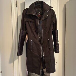 “RUDSAK Espresso Brown Leather Sleeve Coat XS – All Season Chic Moto Styling”